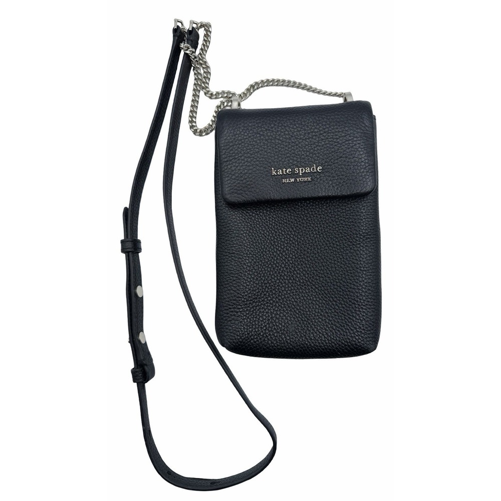 kate spade Black Pebbled Leather Crossbody Phone Pouch with Silver Chain Strap
